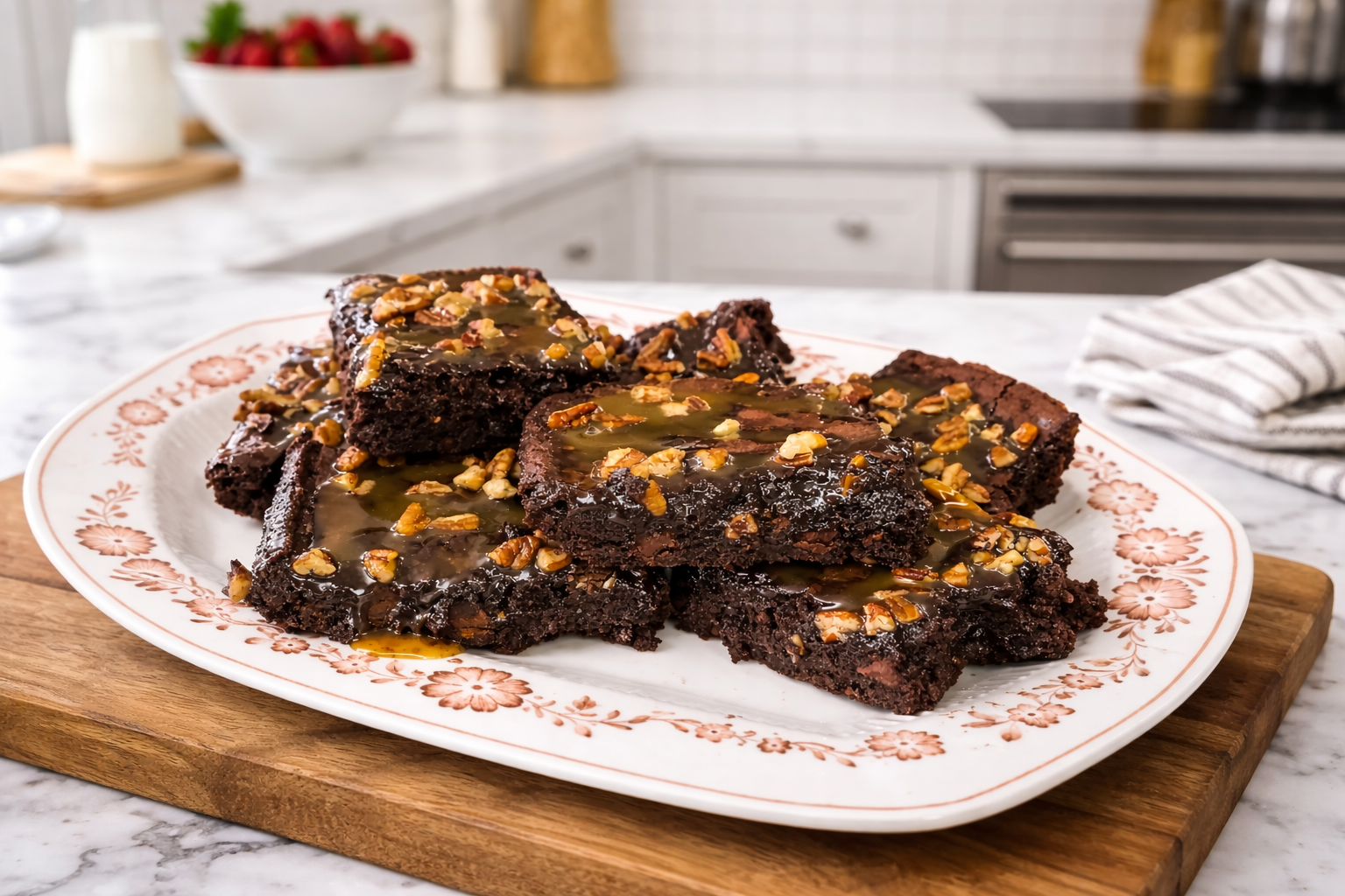 Plate of brownies topped with caramel and pecans